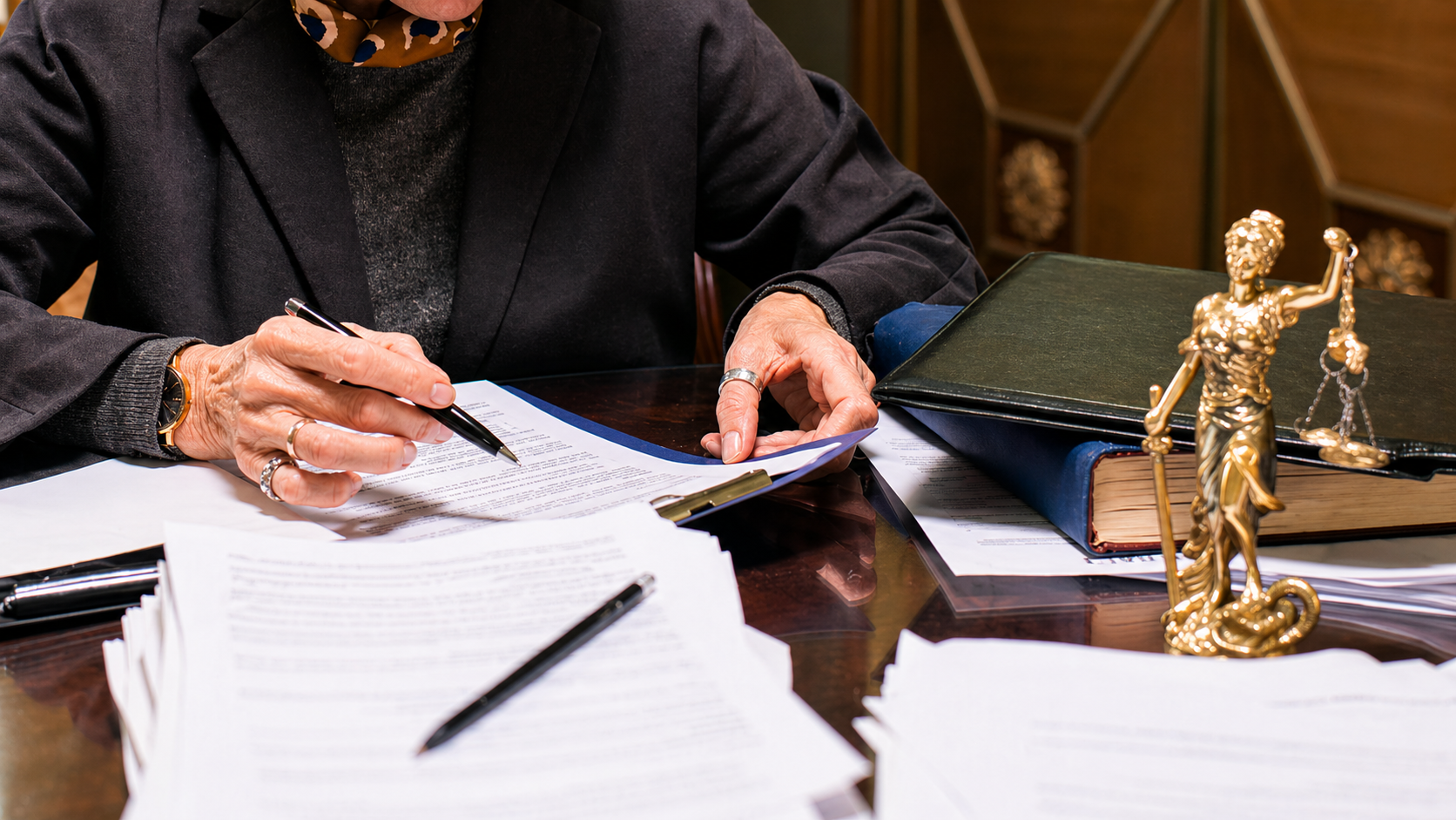Person signing a document with a pen